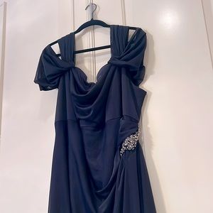Navy Alex Evenings Formal Dress with Side Slit and Jeweled Embellishment